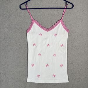Pink‎ Dot Size M Fitted Ribbed Tank Top Y2K Kawaii Lace Lined Coquette Ditsy